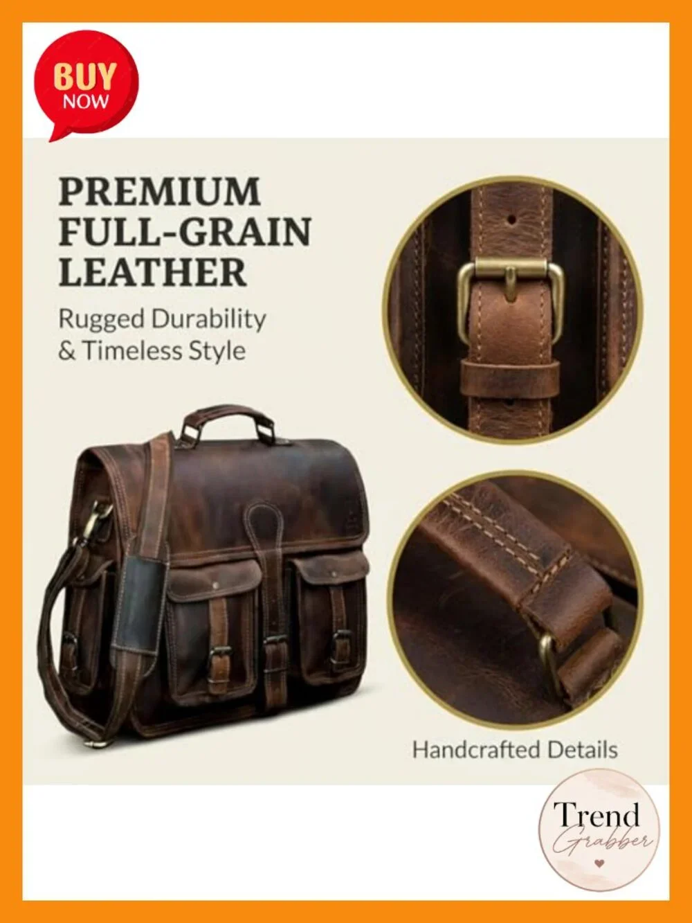 Handmade Buffalo Leather Messenger Bag for Men, 16 Inch Laptop Crossbody